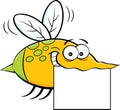 Cartoon flying insect holding a sign.