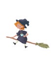 Cartoon flying Little sleepy witch on a broomstick. Cute character illustation as print design and postcard. Raster Illustration I Royalty Free Stock Photo