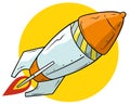 Cartoon flying orange rocket vector icon