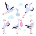 Cartoon flying storks with newborn. Bird migration, stork hold babies and fly. Cute baby shower graphic elements, birth