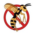 Cartoon flying wasp with ban sign. pest control. white background isolated vector illustration