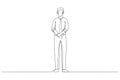 Cartoon of focused businessman looking forward and listening while standing. One continuous line art style