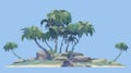 Cartoon foggy little island with palm trees
