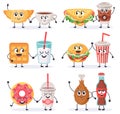Cartoon food characters. Junk food mascots, sandwich with coffee and donut, street food and beverages cute characters