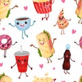 Cartoon Food Characters with Sandwich and Pizza on Seamless Vector Pattern