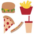 Cartoon food. Fast food, pizza, hotdog, hamburger.Vector illustration.