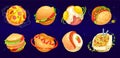 Cartoon food planets. Foods world concept, burger sushi fish pizza planet funny amuse ufo in delicious fantasy universe