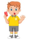 cartoon football referee with headset blowing whistle, holding red card Royalty Free Stock Photo