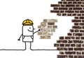 Cartoon foreman holding a missing piece for a wall Royalty Free Stock Photo