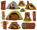 Cartoon forest animals inside hollow, burrow and nest. Woodland fauna in burrows and tree hollows vector illustration