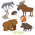 Cartoon forest animals set. Wolf, hedgehog, moose, hare, squirrel, bear and wild boar. Funny comic creature collection. Royalty Free Stock Photo