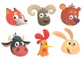 Cartoon forest animals. Vector illustration. Fox, sheep, bear, cow, rooster or chicken, rabbit