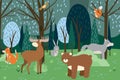 Cartoon forest animals. Wild bear, funny squirrel and cute birds on forests trees kids vector background illustration Royalty Free Stock Photo