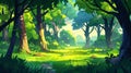 Cartoon forest background with deciduous trees, grass, trunk silhouettes and ground path. Winter or spring forest pc Royalty Free Stock Photo