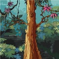 Cartoon forest with big tree with pink leaves