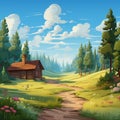 Cartoon Forest Cabin: Painterly Landscapes And Serene Pastoral Scenes Royalty Free Stock Photo