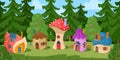 Cartoon forest fairy village, fairytale gnome mushroom houses. Woods gnomes or elves housing village, magical village