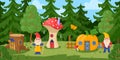Cartoon forest fairy village, fairytale gnome mushroom houses. Woods gnomes or elves housing
