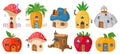 Cartoon forest fairytale mushroom gnomes or hobbit houses. Magic fairy tale characters, fantasy plants and vegetables