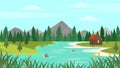 Cartoon forest landscape with mountains, river and fir-trees. Sunset or sunrise scenery background. Vector illustration