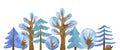 Cartoon forest landscape with trees, bushes and firs on a white background.