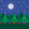 Cartoon forest moon. Fall camping landscape. Beautiful natural landscape. Vector illustration.