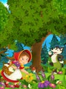 Cartoon forest scene - wolf smiling to little girl - good for different fairy tales