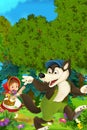 Cartoon forest scene - wolf waving little girl for goodbye - good for different fairy tales Royalty Free Stock Photo