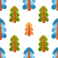 Cartoon forest seamless pattern. Funny colorful illustration for kids. Chirstmas trees. Isolated