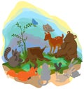 Cartoon forest wilderness landscape with many wildlife animals s Royalty Free Stock Photo