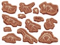 Cartoon fossils. Dinosaurs fossilization, ancient fish bones and ammonite shell. Paleontology digging, animal skeleton