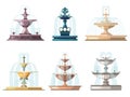 Cartoon fountains. Outdoor gardening decorative symbols nature water fountains vector collections