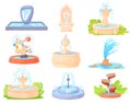 Cartoon fountains. Water fountain sculpture summer decoration for garden pool or architecture town park, statue with