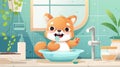 A cartoon fox in a bathroom, brushing its teeth with a toothbrush and toothpaste Royalty Free Stock Photo