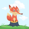 Cartoon fox character. Vector illustration of fox isolated on colorful forest background with flowers and mushrooms on the meadow.