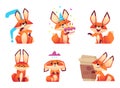 Cartoon fox characters. Orange fluffy wild animals poses and emotions zoo vector illustrations