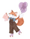 Cartoon fox with gifts and balloons