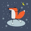 Cartoon fox ice skating. Outdoor recreation. Happy character with ice skates on moonlight night background with Royalty Free Stock Photo