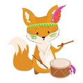 Cartoon fox with an Indian headdress made of feathers on his head. Lovely stylized fox with a drum. Vector illustration