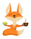 Cartoon fox with macaroon and coffee. Vector illustration.