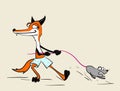 Cartoon fox with mouse or rat caught by tail Royalty Free Stock Photo