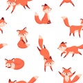 Cartoon fox pattern. Seamless print with cute forest animal characters in different poses for wrapping, wallpaper Royalty Free Stock Photo