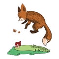 Cartoon fox running through the forest. Stylized fox in a jump. Forest animal. Art for children. Vector drawing.