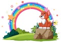 A fox sitting under a vibrant rainbow