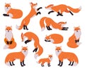 Cartoon foxes, forest red cute fox character. Woodland animal, forest wildlife predator sleeping, running, jumping