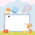 Cartoon Frame with Cute Patients Animals, Sick Characters