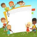 Cartoon frame with musician childrens and empty place for your personal text Royalty Free Stock Photo