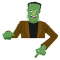 Cartoon Frankenstein Character for Halloween Asset Pointing Down Behind Paper