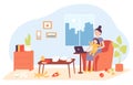 Cartoon freelance woman holding child and working remotely at home. Staying home with little baby. Mom with kid
