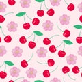 Cartoon fresh cherry fruits in flat style seamless pattern food summer design vector illustration. Royalty Free Stock Photo